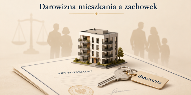 Darowizna mieszkania a zachowek - akt notarialny, klucze z etykietą darowizna, model budynku i rodzina w tle
