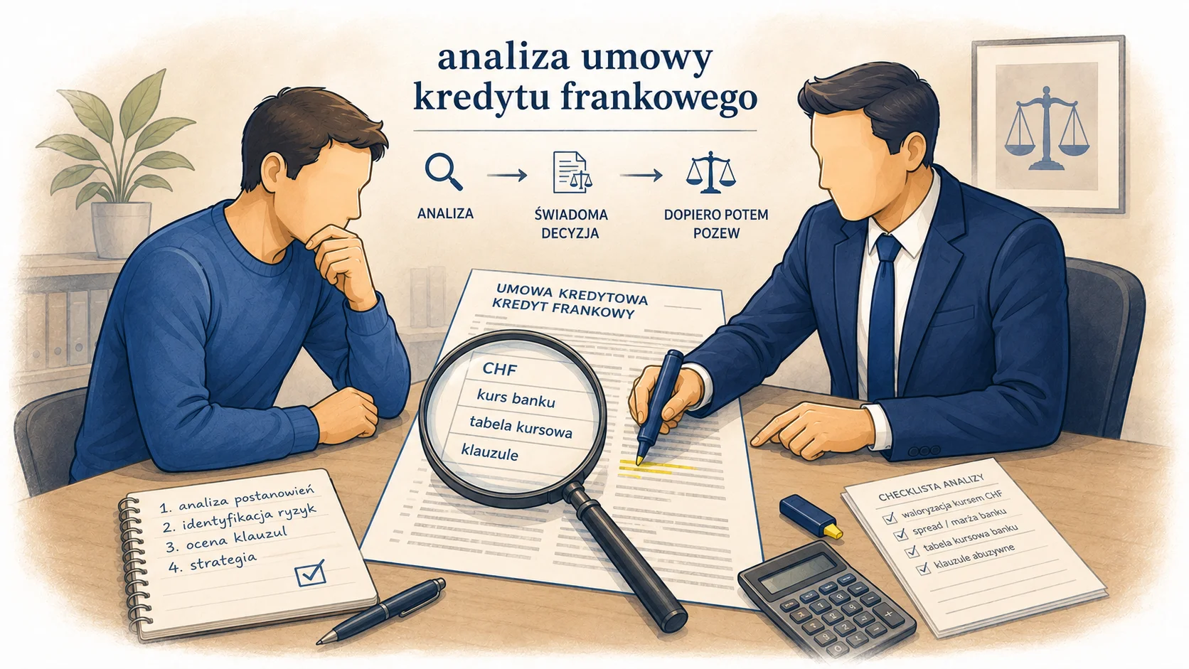 Prawnik analizujący umowę kredytu frankowego przed podjęciem decyzji o pozwie