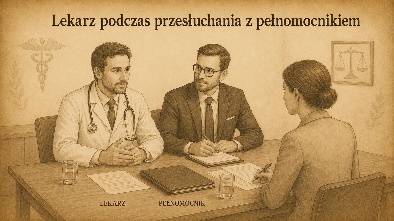 Lekarz podczas przesłuchania w obecności pełnomocnika