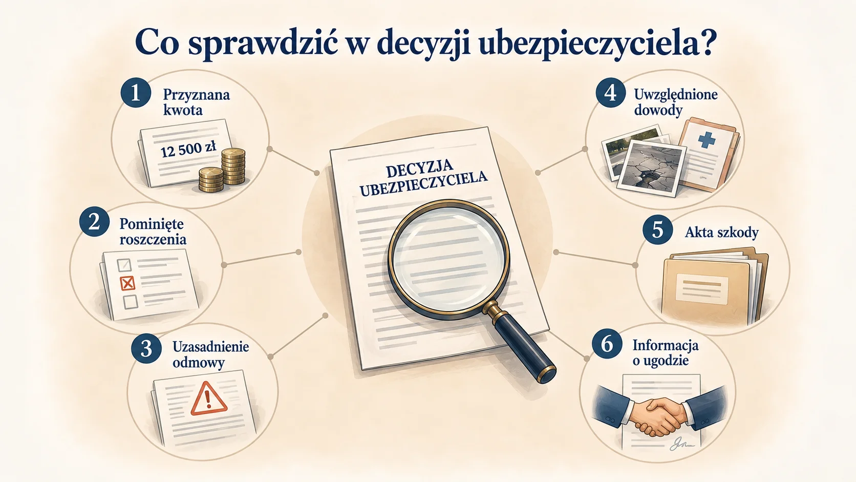 Decyzja ubezpieczyciela analizowana pod kątem przyznanej kwoty, pominiętych roszczeń i uwzględnionych dowodów