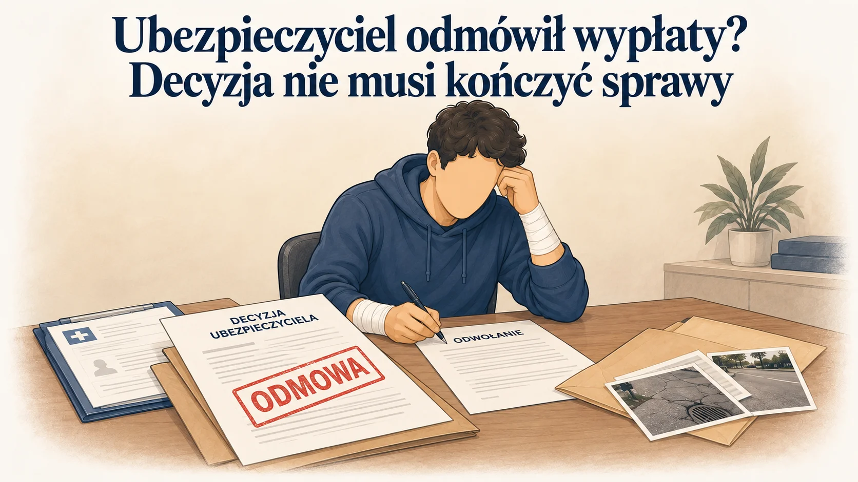 Poszkodowany przygotowuje odwołanie po odmowie wypłaty odszkodowania przez ubezpieczyciela