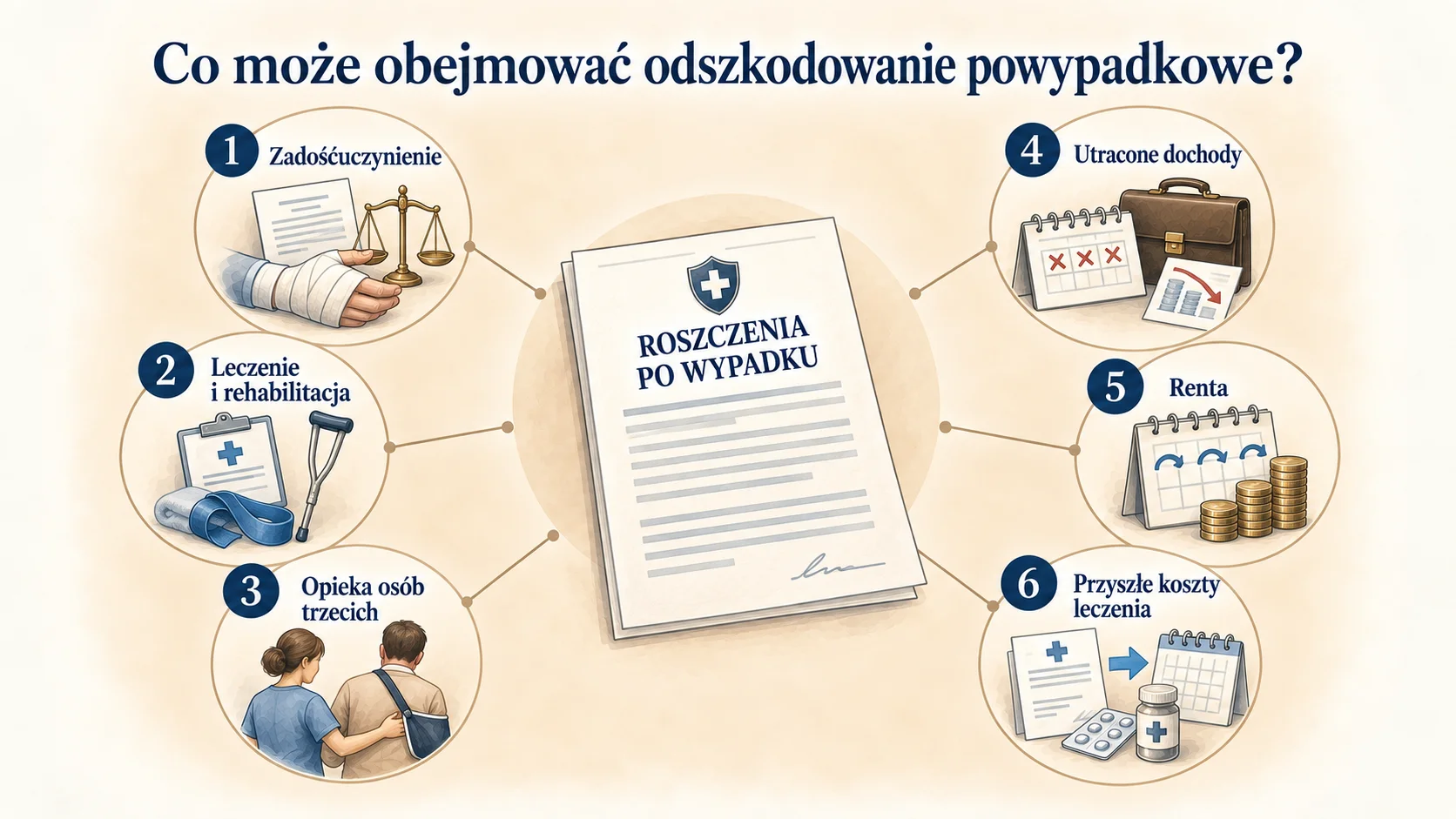 Rodzaje roszczeń po wypadku, w tym zadośćuczynienie, koszty leczenia, utracone dochody i renta
