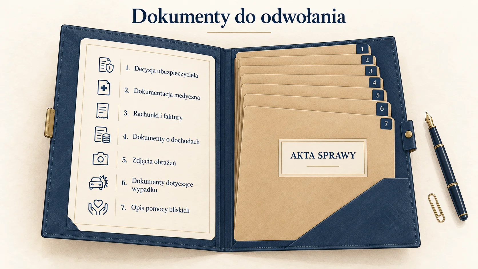Dokumenty potrzebne do odwołania od decyzji ubezpieczyciela uporządkowane w aktach sprawy