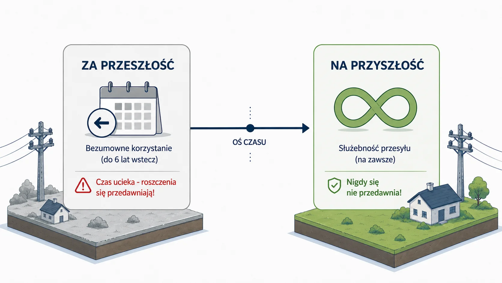 Służebność przesyłu a bezumowne korzystanie z działki - infografika Kancelarii Samuel Pielak w Lublinie przedstawiająca terminy przedawnienia i różnice w roszczeniach.