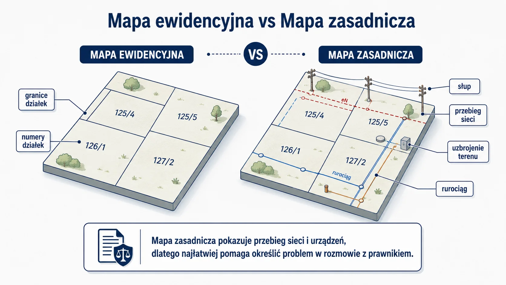 Różnica między mapą ewidencyjną a zasadniczą - infografika Kancelarii Samuel Pielak przedstawiająca przebieg sieci, rurociąg i słup energetyczny na działce.