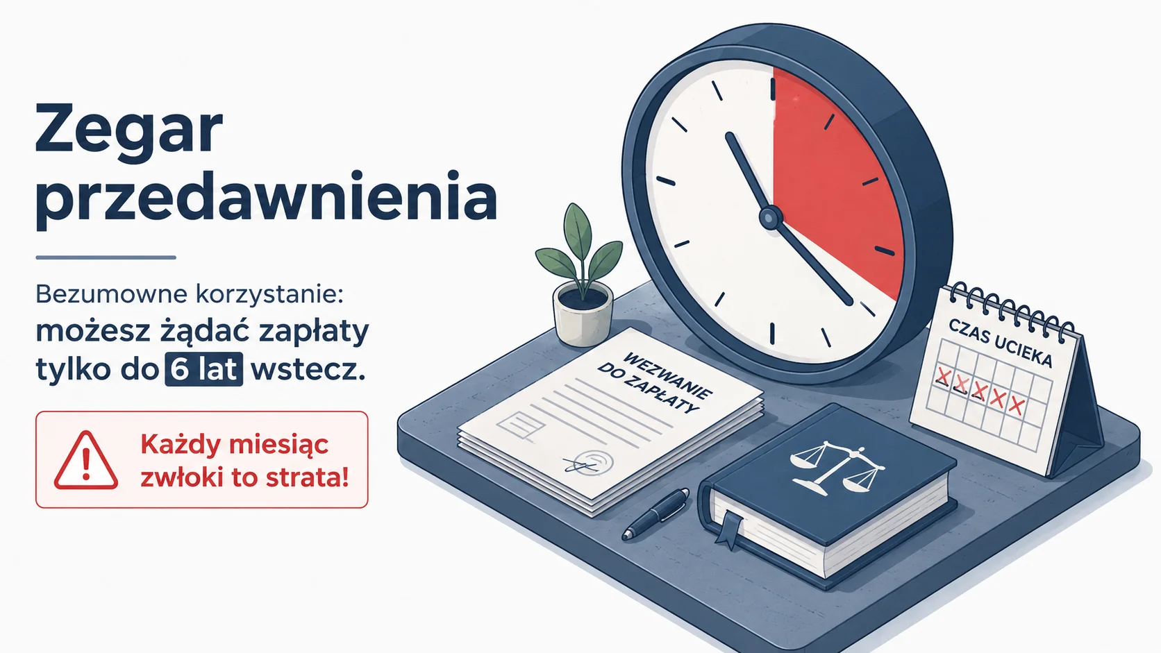 Przedawnienie roszczeń za bezumowne korzystanie z nieruchomości - infografika Kancelarii Samuel Pielak w Lublinie przedstawiająca 6-letni termin na wezwanie do zapłaty.