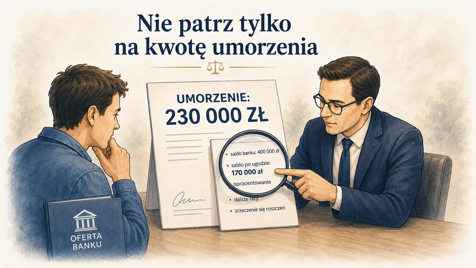 Radca prawny analizuje z kredytobiorcą ofertę ugody frankowej z umorzeniem