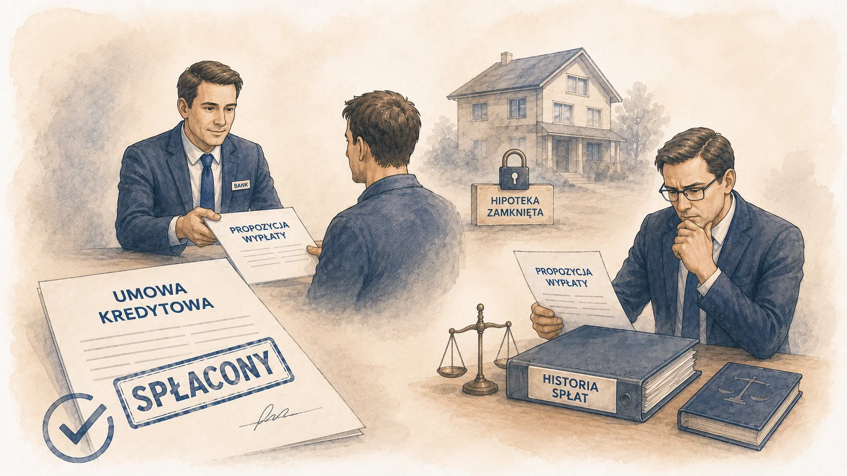 Spłacony kredyt frankowy, propozycja wypłaty od banku oraz prawnik analizujący historię spłat i możliwe dalsze roszczenia.