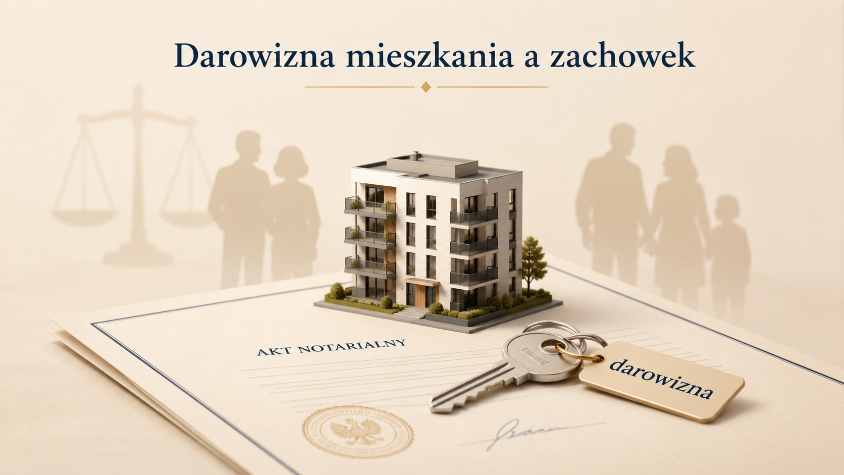 Darowizna mieszkania a zachowek - akt notarialny, klucze z etykietą darowizna, model budynku i rodzina w tle